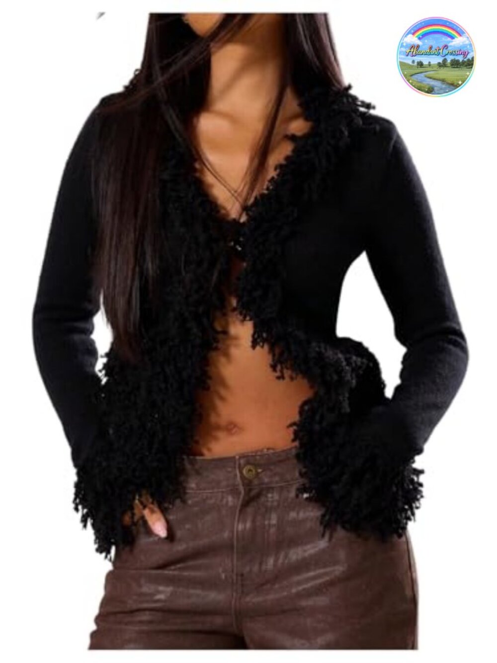 Fuzzy Trim Cardigan Sweater V Neck Long Sleeve Knitwear
